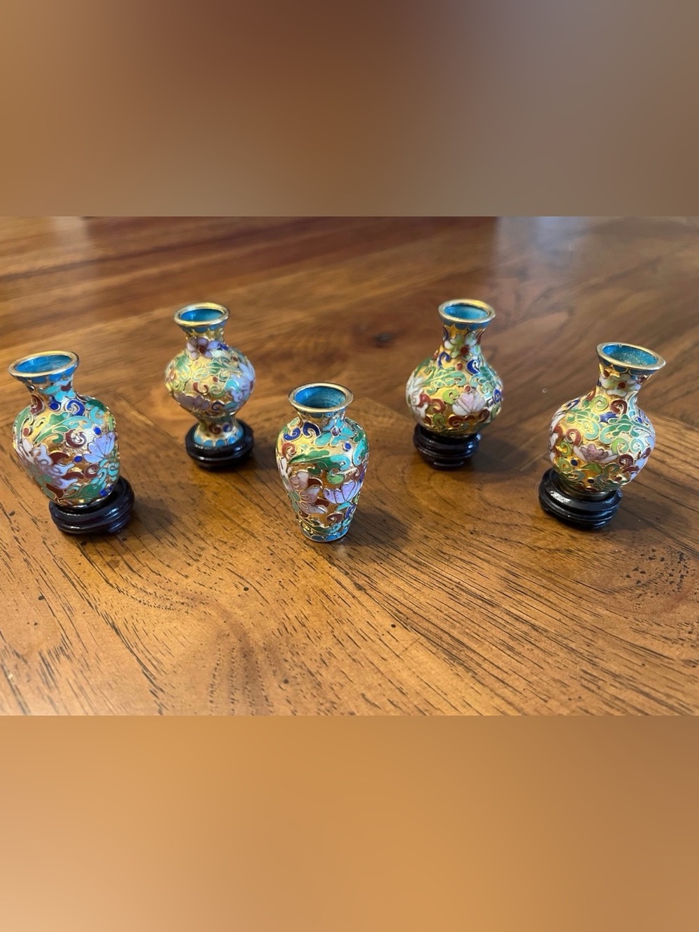 5 Decorative Multicolor Cloisonné Mini Vases with 4 Wooden Stands - Home Accents